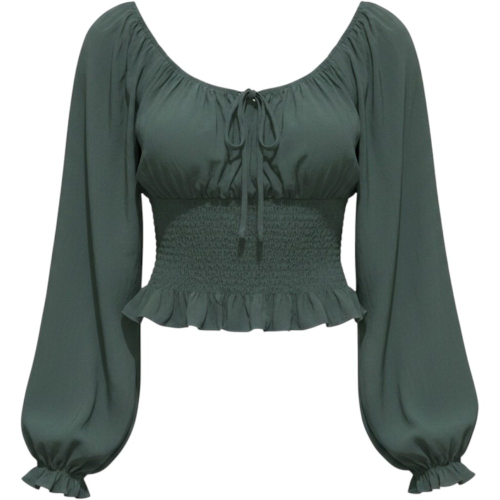 Guess Olive Green Smocked Peplum Long-Sleeve Blouse